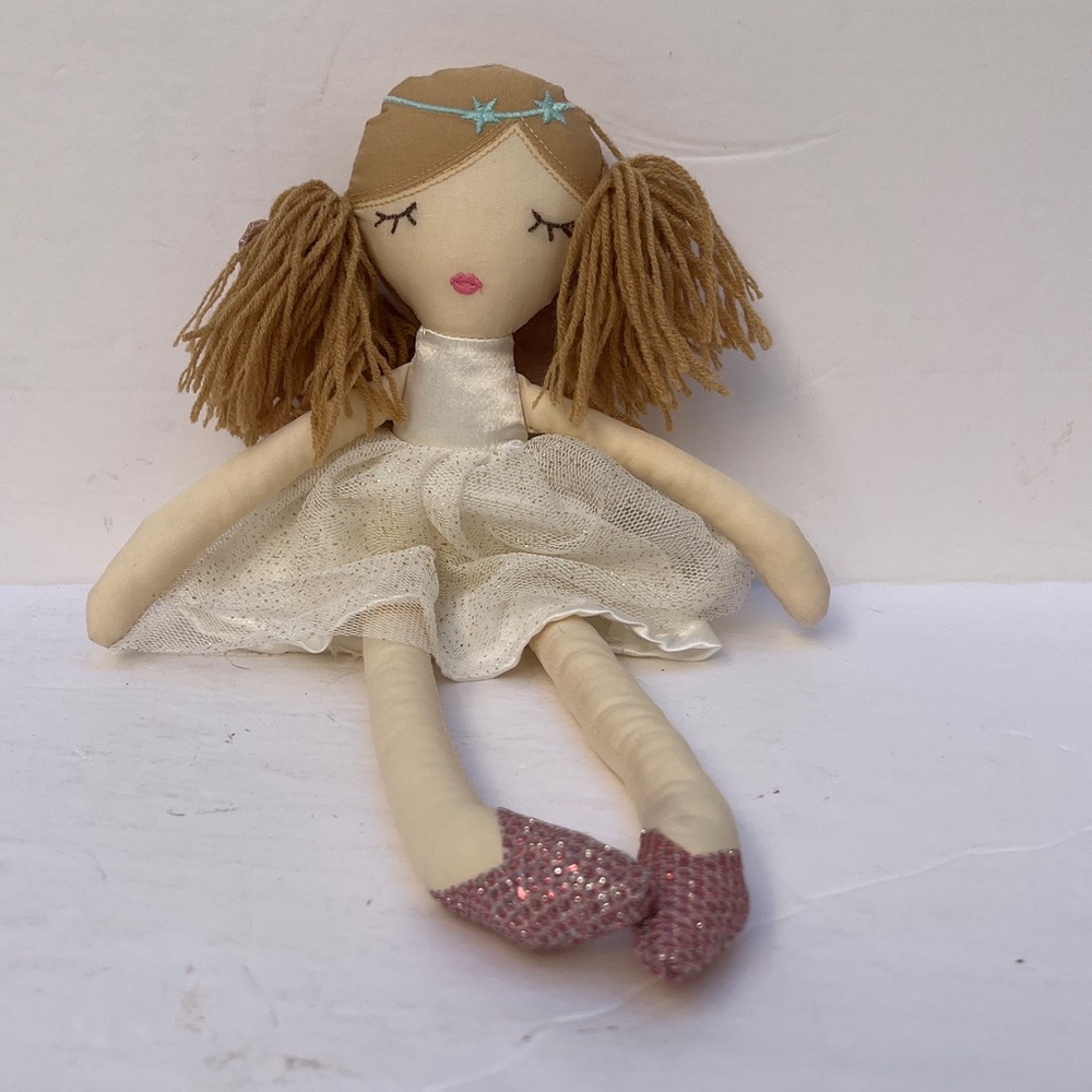 Handcrafted fairy rag Doll with White glittering Dress and pink shimmery ballets